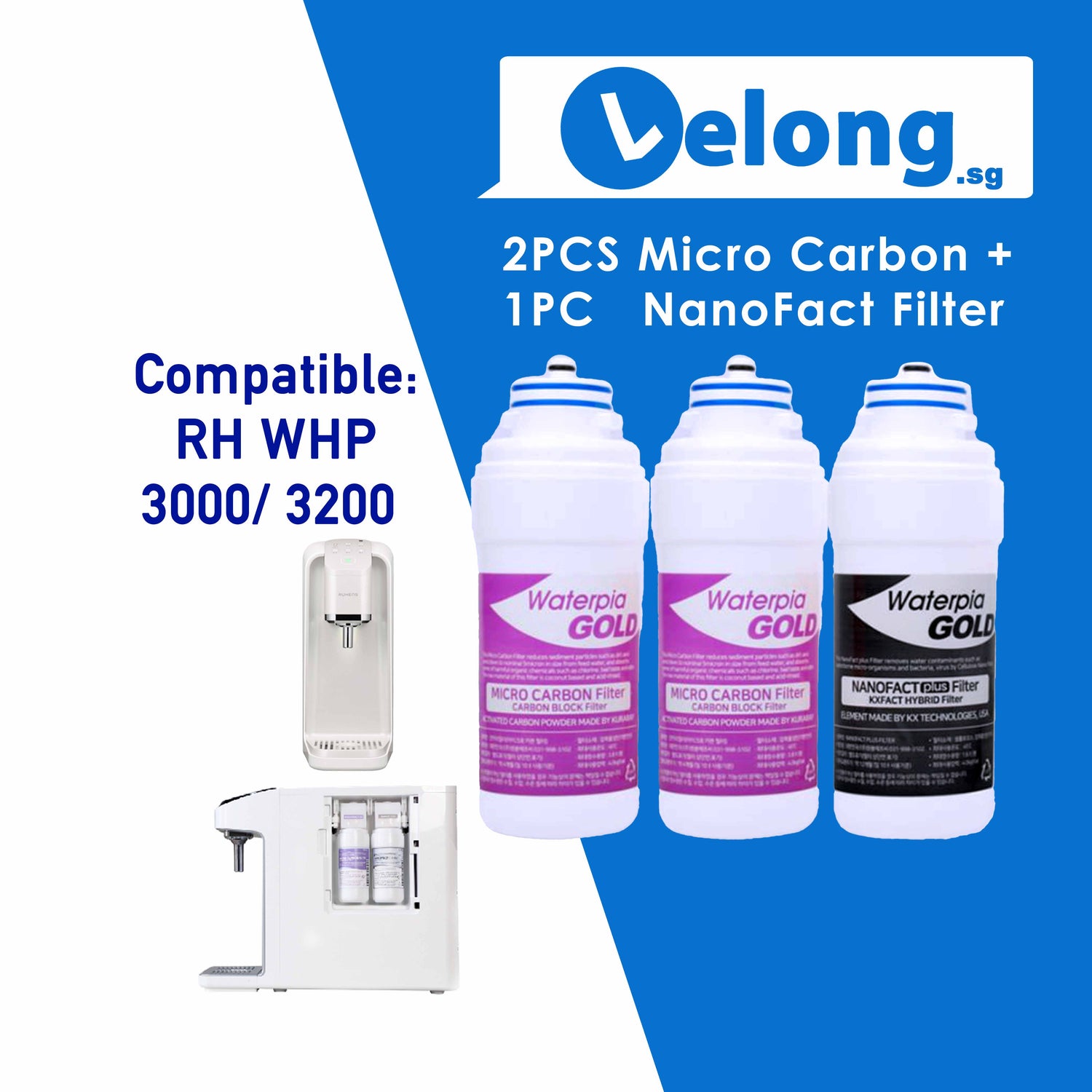 RH V series 3000  &amp; RH 2300 &amp; Hydroflux replacement Filter Cartridges Only, Filter 1, 3-in-1 Micro Carbon Filter + Filter 2, NanoFact Filter