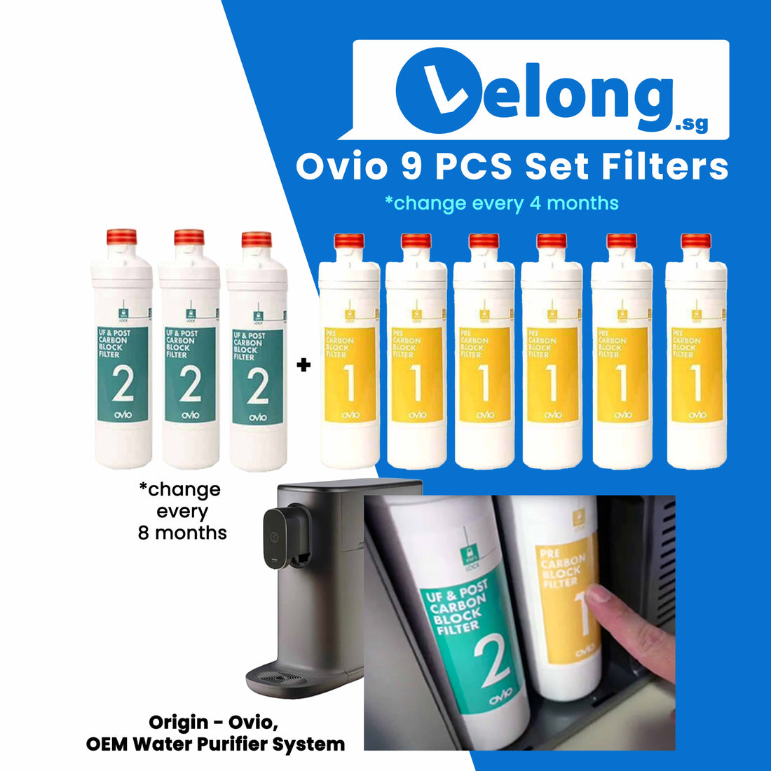 (Pre-Order 60 days)Korea Ovio Origin 9 PCS, 2 Years Korea Original Compatible filters for Stera Tankless Water Purifier, 6PCs Carbon &amp; 3PC UF